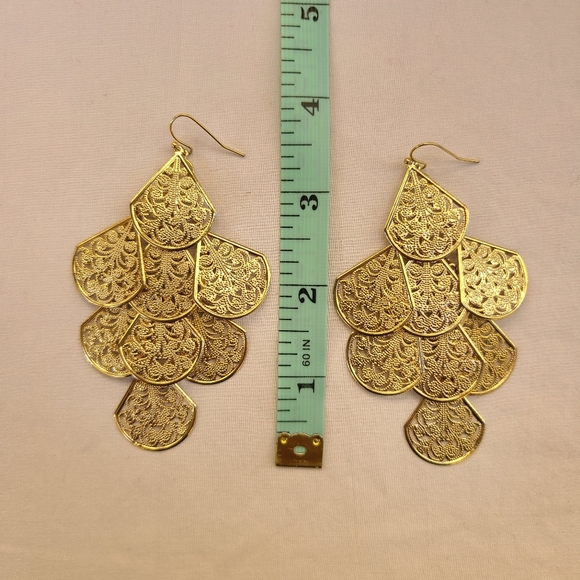 Gold Tone Filigree Chandelier Dangle Earrings - Picture 3 of 4